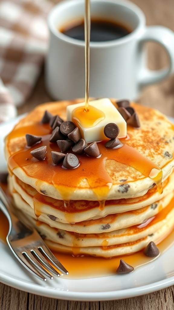 Fluffy chocolate chip pancakes with syrup and chocolate chips on a plate, accompanied by coffee.